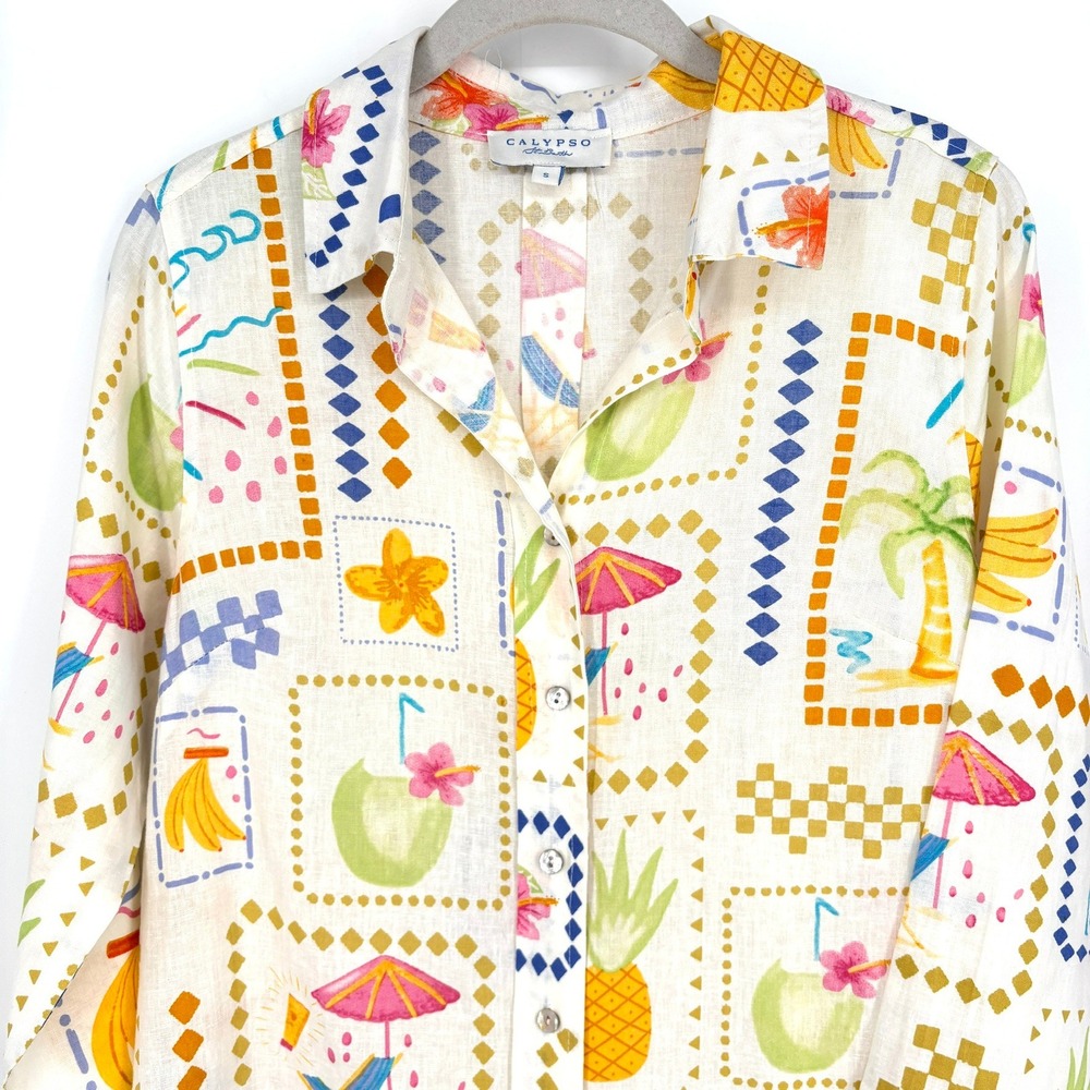 Calypso St Barth Button Down‎ Shirt Linen Blend Postcard Print Long Slv Tunic S - Picture 7 of 13
